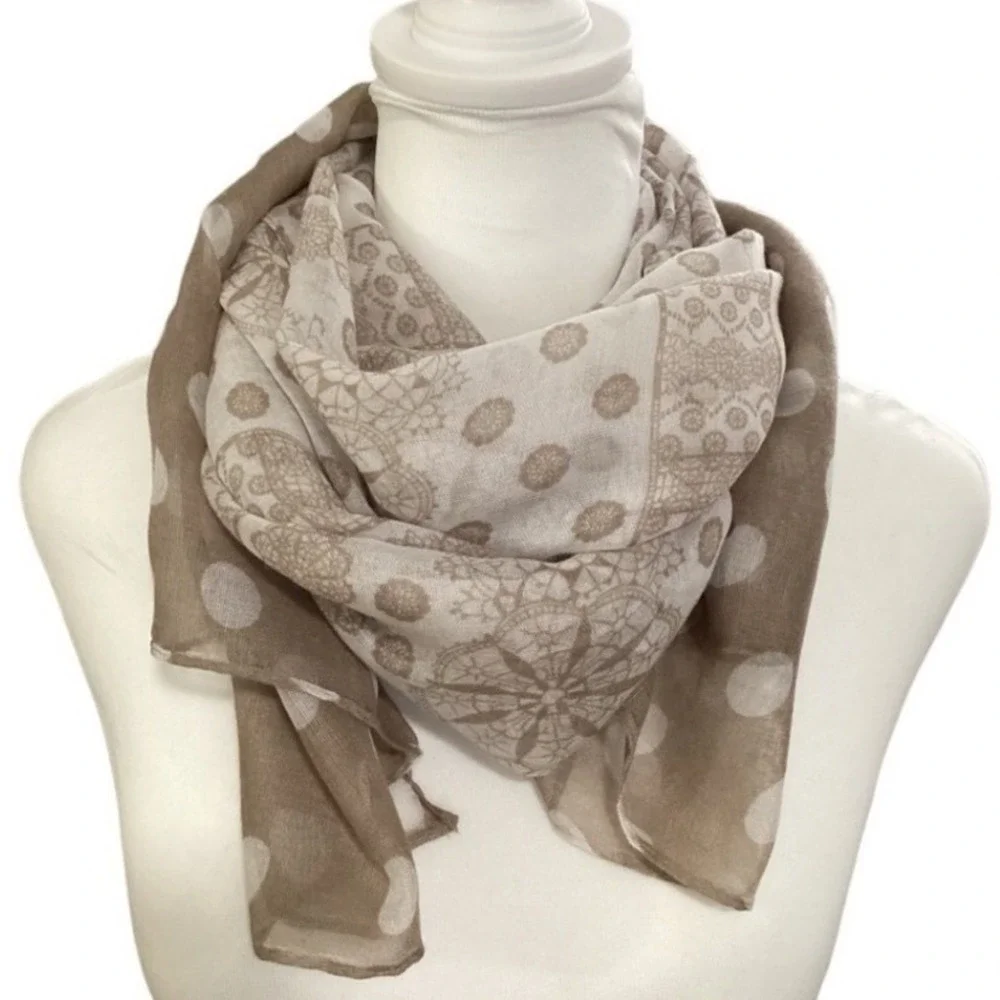 Polka Dot and Lace Mandala Print Lightweight Scarf Taupe Cream NEW approx 19X73